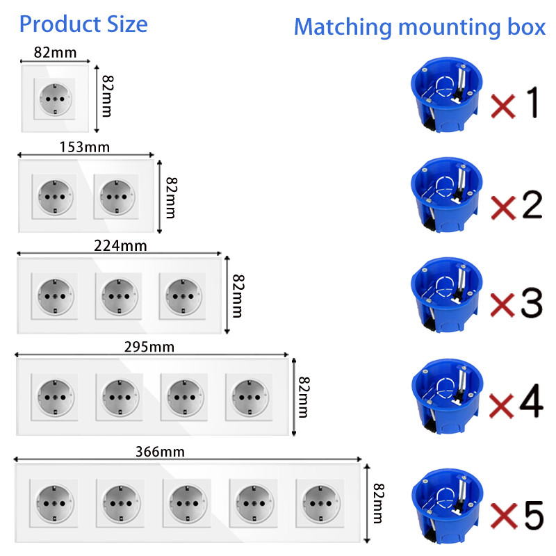 16A Zásuvka do steny Európa Rusko Španielsko Nemecko Biela Čierna Sivá Krištáľové sklenené panely Domáce vylepšenia 82*82 mm