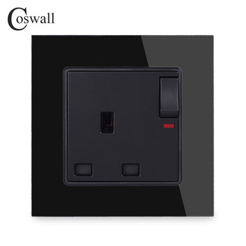 COSWALL Стъклен панел 13A UK Стандартен контакт за стена с неоново заземяване със защитна врата за деца Черно Бяло Сиво Златно