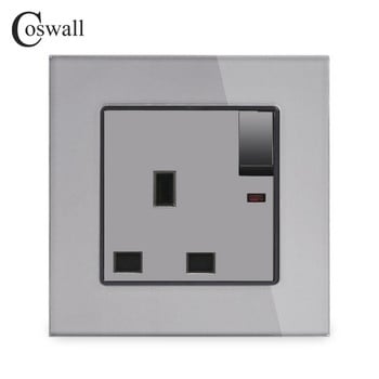 COSWALL Glass Panel 13A UK Standard Πρίζα τοίχου με διακόπτη με νέον Γείωση με Παιδική Προστατευτική Πόρτα Μαύρο Λευκό Γκρι Χρυσό