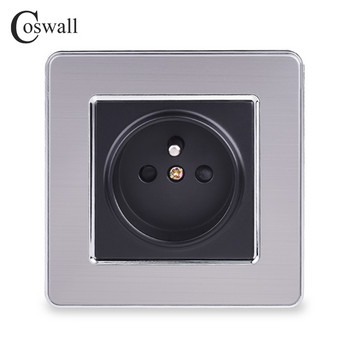 COSWALL 16A Френски стандартен стенен контакт Луксозен електрически контакт Неръждаема стомана Матиран сребърен панел Електрически щепсел AC 110~250V