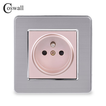 COSWALL 16A Френски стандартен стенен контакт Луксозен електрически контакт Неръждаема стомана Матиран сребърен панел Електрически щепсел AC 110~250V
