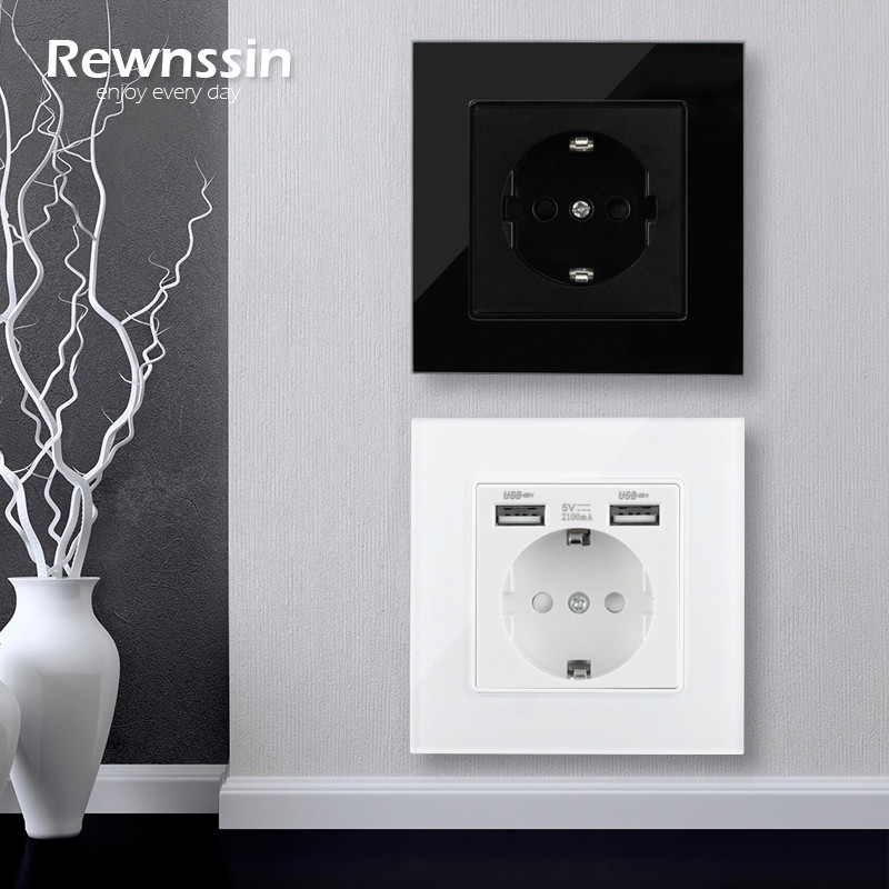 USB zásuvky, štandardná EÚ zásuvka, dvojitá nástenná USB zásuvka, nabíjačka AC110V-250V 16A, sklenené/plastové panelové elektrické zásuvky