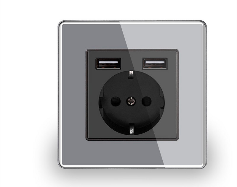 Nástenná USB zásuvka, mnoho nových štýlov panelov, zásuvka do spálne, AC 110V-250V 16A vstavaná, dvojitá USB zásuvka v štandarde EÚ