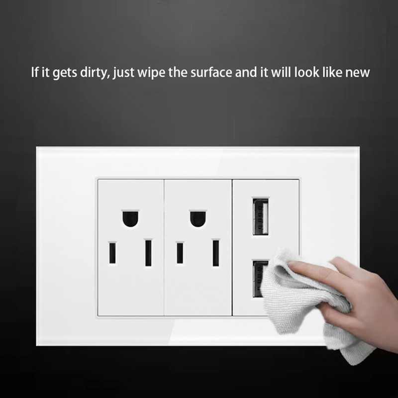 Rýchlonabíjacia zásuvka s 2 USB portami, štandard 5V, tvrdené sklo, AC110V/250V, domáca zásuvka 120*72*34