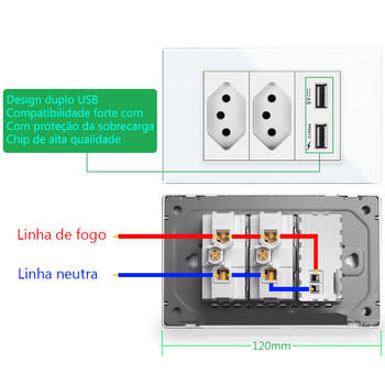 20A Бразилски щепсел Стенен контакт USB Tomada&тип C Превключвател за налягане на захранването Закалена пластмаса/стъкло Панел Позиция жак Изход Домашен офис