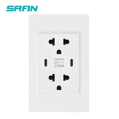 SRAN Type-C USB Dual Thailand Zásuvka 5V 2.1A PC Ohňovzdorná 118mm Panel USB C Dvojitá thajská zásuvka Biela/Čierna/Sivá