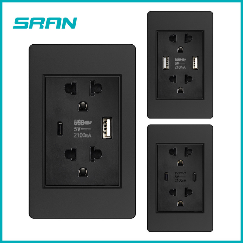 SRAN Type-C USB Dual Thailand Zásuvka 5V 2.1A PC Ohňovzdorná 118mm Panel USB C Dvojitá thajská zásuvka Biela/Čierna/Sivá