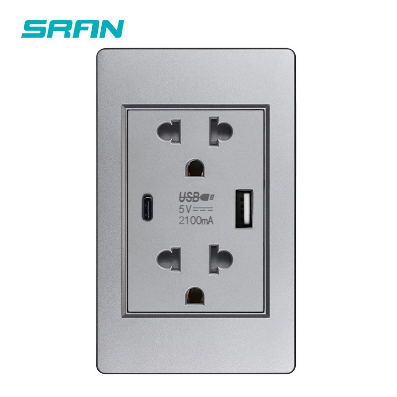 SRAN Type-C USB Dual Thailand Zásuvka 5V 2.1A PC Ohňovzdorná 118mm Panel USB C Dvojitá thajská zásuvka Biela/Čierna/Sivá
