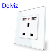 Delviz UK standarta sienas kontaktligzda, ar LED indikatoriem, 110V-250V 13A, kvadrātveida augstas slodzes stikla panelis, 5V 2A USB uzlādes strāvas kontaktligzda