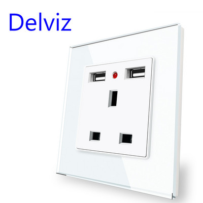 Delviz UK standarta sienas kontaktligzda, ar LED indikatoriem, 110V-250V 13A, kvadrātveida augstas slodzes stikla panelis, 5V 2A USB uzlādes strāvas kontaktligzda