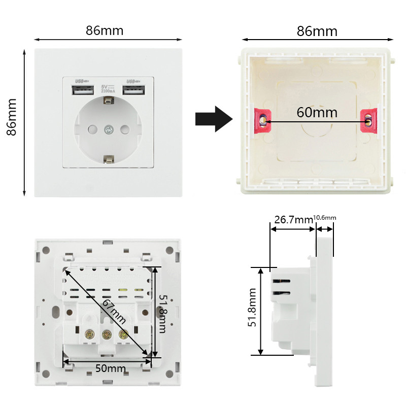 ЕС захранващ контакт с USB за дома Двоен USB щепсел 86*86 мм USB стенен контакт LED 16A Корейски електрически контакт
