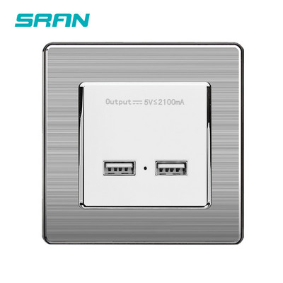 SRAN стенен захранващ контакт с двоен USB порт за интелигентно индукционно зареждане за мобилен 5V 2.1A изходен панел от неръждаема стомана