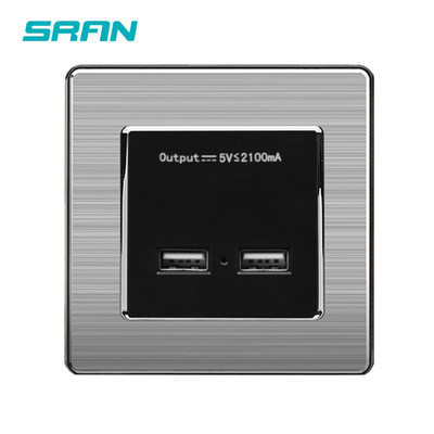 SRAN стенен захранващ контакт с двоен USB порт за интелигентно индукционно зареждане за мобилен 5V 2.1A изходен панел от неръждаема стомана