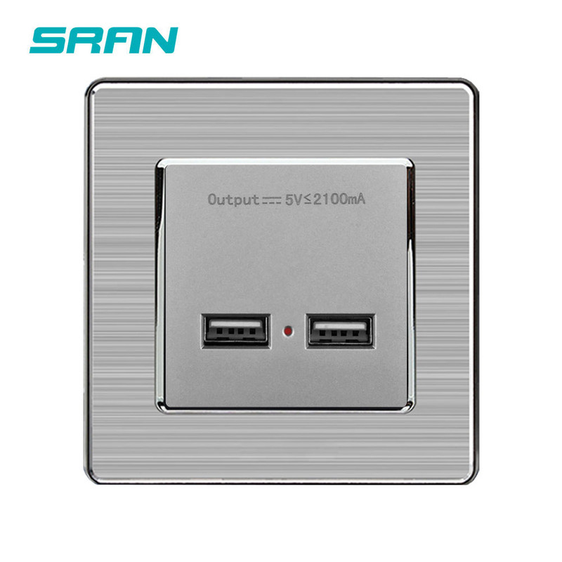 SRAN стенен захранващ контакт с двоен USB порт за интелигентно индукционно зареждане за мобилен 5V 2.1A изходен панел от неръждаема стомана