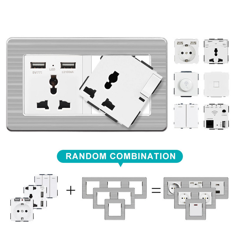 SRAN стенен захранващ контакт с двоен USB порт за интелигентно индукционно зареждане за мобилен 5V 2.1A изходен панел от неръждаема стомана
