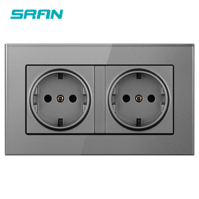 Priză UE de perete Împământată 16A Priză electrică cu mai multe căi Bandă dublă Panou din sticlă cristal 146*86 Gri