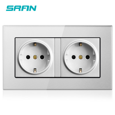 Priză UE de perete Împământată 16A Priză electrică cu mai multe căi Bandă dublă Panou din sticlă cristal 146*86 Gri