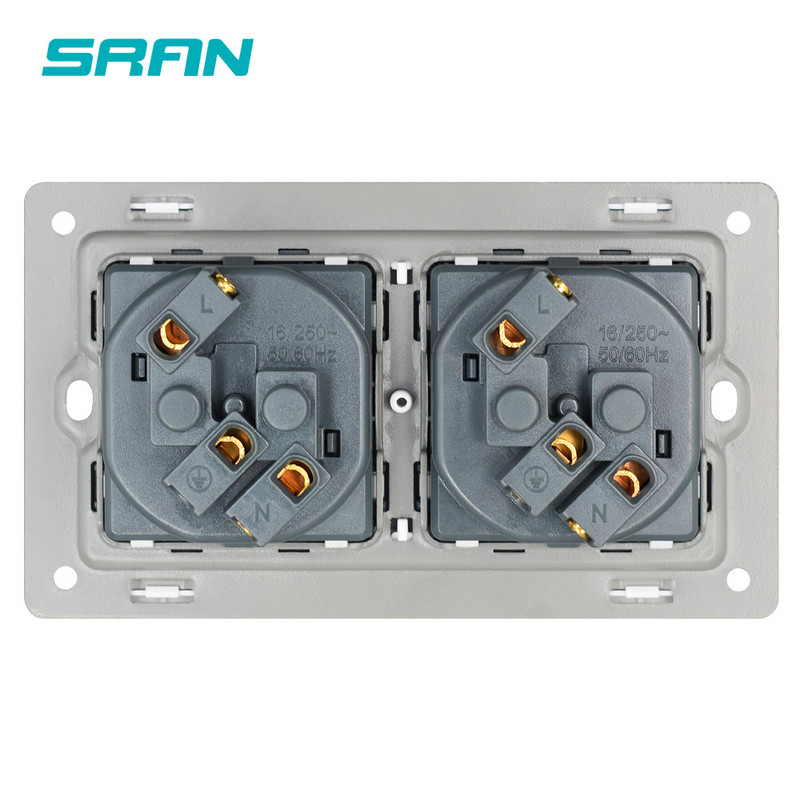 Priză UE de perete Împământată 16A Priză electrică cu mai multe căi Bandă dublă Panou din sticlă cristal 146*86 Gri