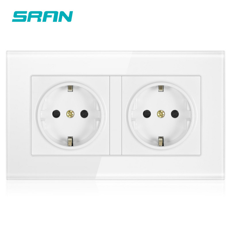 Priză UE de perete Împământată 16A Priză electrică cu mai multe căi Bandă dublă Panou din sticlă cristal 146*86 Gri