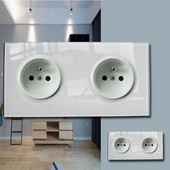 146 Typ francúzskeho vypínača Zásuvka Krištáľové tvrdené sklo Panel z čistého skla 13a Dvojitá štandardná nástenná zásuvka EÚ Uzemnená biela