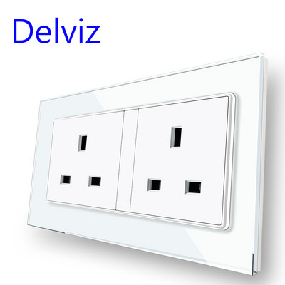 Štandardná nástenná zásuvka Delviz UK, panel z tvrdeného krištáľového skla 146 mm * 86 mm, zásuvka AC 110 V – 250 V, dvojitý britský napájací konektor 13 A