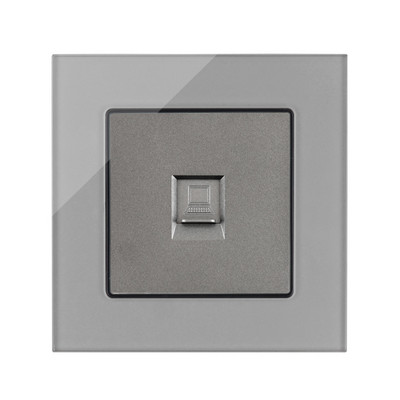 Internet csatlakozóaljzatok, szürke üvegfal fali aljzat, telefon RJ45 hálózati port PC adatcsatlakozó, vezetékes TV műhold adat csatlakozó aljzatok