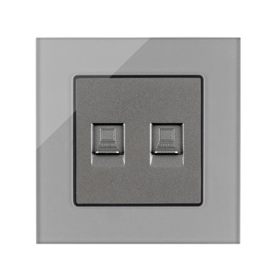 Internet csatlakozóaljzatok, szürke üvegfal fali aljzat, telefon RJ45 hálózati port PC adatcsatlakozó, vezetékes TV műhold adat csatlakozó aljzatok