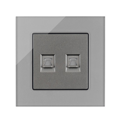 Internet csatlakozóaljzatok, szürke üvegfal fali aljzat, telefon RJ45 hálózati port PC adatcsatlakozó, vezetékes TV műhold adat csatlakozó aljzatok