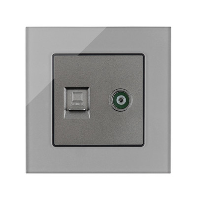 Internet csatlakozóaljzatok, szürke üvegfal fali aljzat, telefon RJ45 hálózati port PC adatcsatlakozó, vezetékes TV műhold adat csatlakozó aljzatok