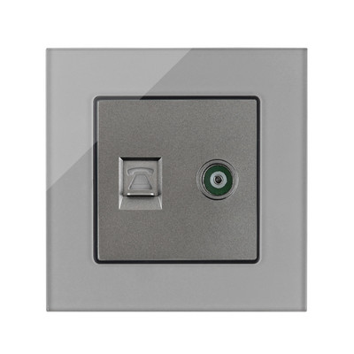 Internet csatlakozóaljzatok, szürke üvegfal fali aljzat, telefon RJ45 hálózati port PC adatcsatlakozó, vezetékes TV műhold adat csatlakozó aljzatok