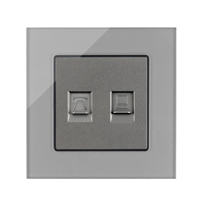 Internet csatlakozóaljzatok, szürke üvegfal fali aljzat, telefon RJ45 hálózati port PC adatcsatlakozó, vezetékes TV műhold adat csatlakozó aljzatok