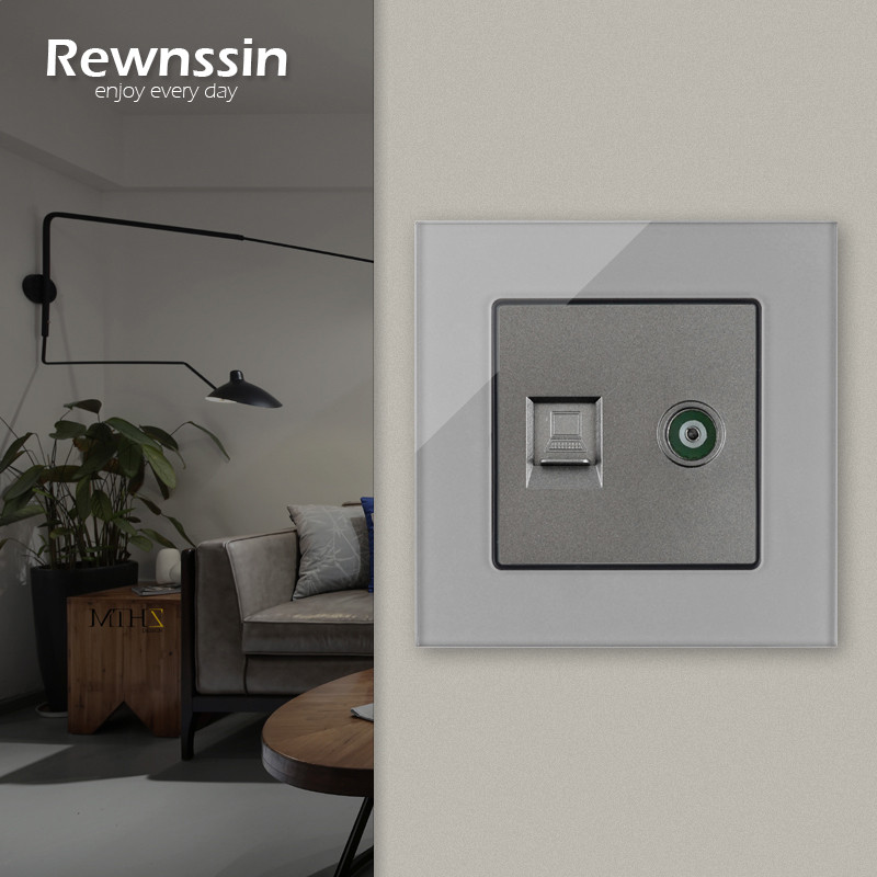 Internet csatlakozóaljzatok, szürke üvegfal fali aljzat, telefon RJ45 hálózati port PC adatcsatlakozó, vezetékes TV műhold adat csatlakozó aljzatok