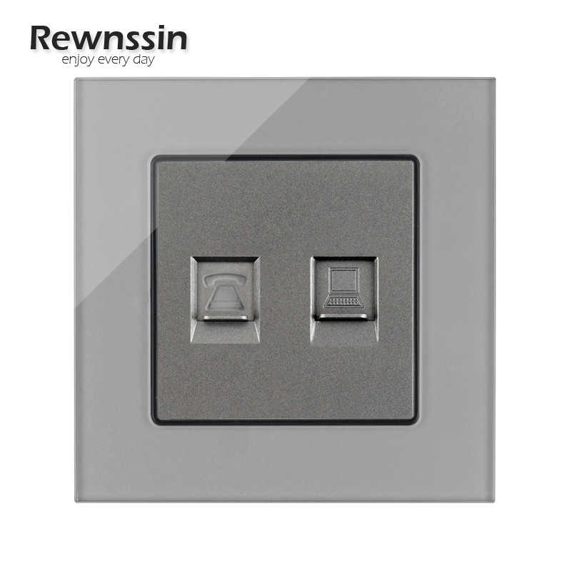 Internet csatlakozóaljzatok, szürke üvegfal fali aljzat, telefon RJ45 hálózati port PC adatcsatlakozó, vezetékes TV műhold adat csatlakozó aljzatok