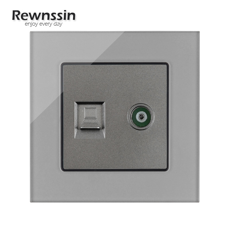 Internet csatlakozóaljzatok, szürke üvegfal fali aljzat, telefon RJ45 hálózati port PC adatcsatlakozó, vezetékes TV műhold adat csatlakozó aljzatok