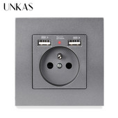 UNKAS Duálny USB nabíjací port 2.1A Francúzska zásuvka 16A Rusko Španielsko Sivý plastový panel Sivá skrytá mäkká LED indikátorová zásuvka