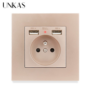 UNKAS Двоен USB порт за зареждане 2.1A френски стенен контакт 16A Русия Испания Сив пластмасов панел Сив скрит мек LED индикатор Изход