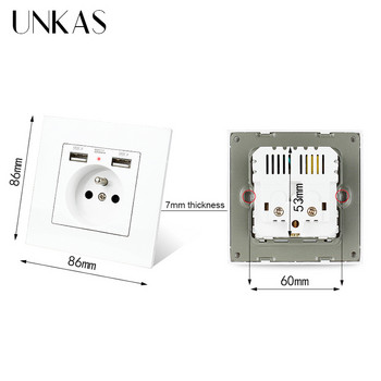 UNKAS Двоен USB порт за зареждане 2.1A френски стенен контакт 16A Русия Испания Сив пластмасов панел Сив скрит мек LED индикатор Изход