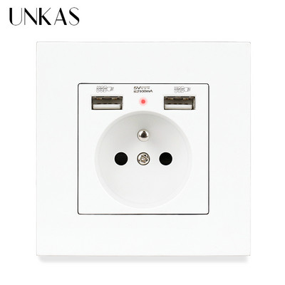 UNKAS Duálny USB nabíjací port 2.1A Francúzska zásuvka 16A Rusko Španielsko Sivý plastový panel Sivá skrytá mäkká LED indikátorová zásuvka