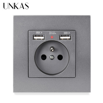UNKAS Duálny USB nabíjací port 2.1A Francúzska zásuvka 16A Rusko Španielsko Sivý plastový panel Sivá skrytá mäkká LED indikátorová zásuvka