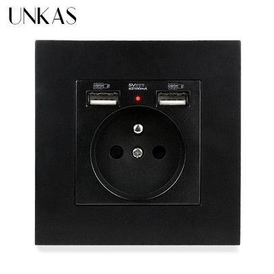 UNKAS Duálny USB nabíjací port 2.1A Francúzska zásuvka 16A Rusko Španielsko Sivý plastový panel Sivá skrytá mäkká LED indikátorová zásuvka
