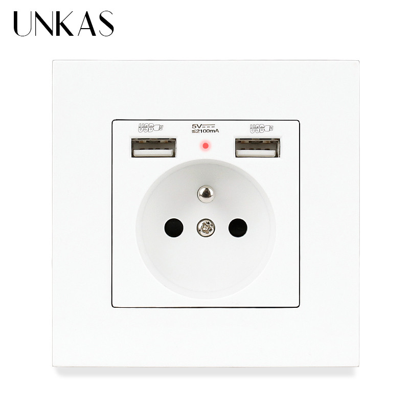 UNKAS Duálny USB nabíjací port 2.1A Francúzska zásuvka 16A Rusko Španielsko Sivý plastový panel Sivá skrytá mäkká LED indikátorová zásuvka