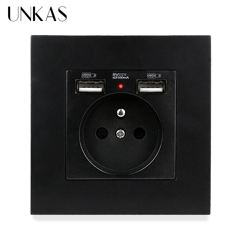 UNKAS Duálny USB nabíjací port 2.1A Francúzska zásuvka 16A Rusko Španielsko Sivý plastový panel Sivá skrytá mäkká LED indikátorová zásuvka