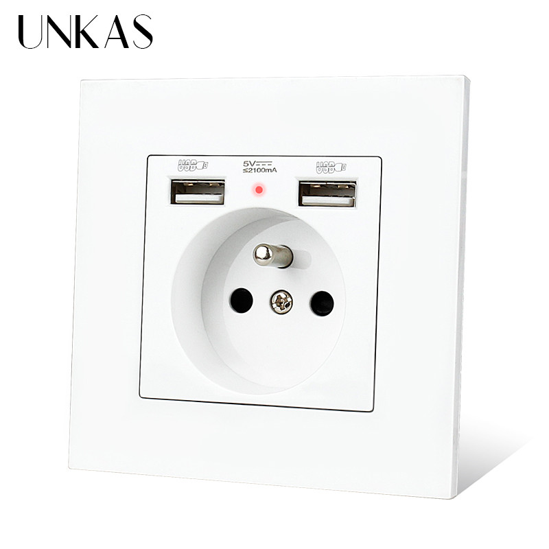 UNKAS Duálny USB nabíjací port 2.1A Francúzska zásuvka 16A Rusko Španielsko Sivý plastový panel Sivá skrytá mäkká LED indikátorová zásuvka