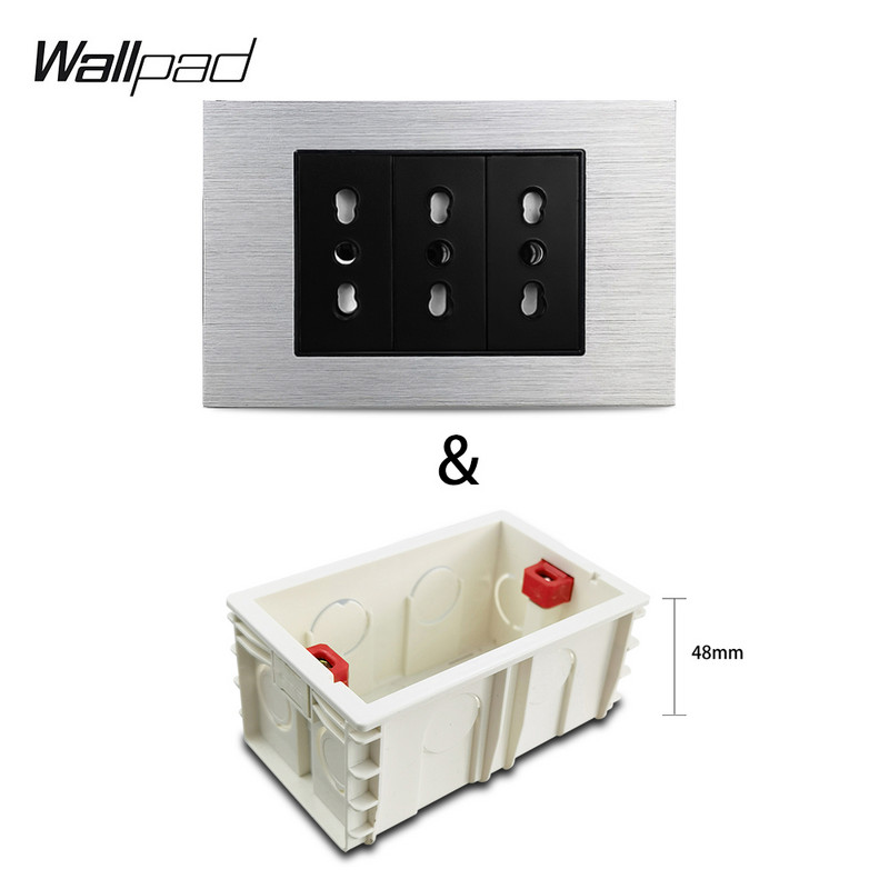 Strieborná kovová nástenná podložka s trojitou talianskou čili zásuvkou 118 * 75 mm, IT ITA 3PIN, elektrické zásuvky 110 V - 250 V