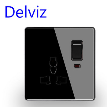 Delviz EU/UK Τυπική πρίζα γενικής χρήσης, μαύρο/γκρι, γυάλινο πάνελ, πρίζα ελέγχου 13A Πολυλειτουργική πρίζα τοίχου 3 οπών