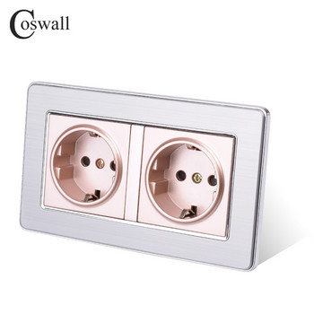 COSWALL 16A двоен стандартен стенен контакт на ЕС, луксозен електрически контакт, заземен панел от неръждаема стомана със защитна врата за деца