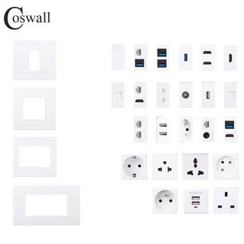 Coswall PC Panel Γαλλική πολωνική πρίζα τοίχου + 16A 1 Gang 1 Way On / Off Διακόπτης φωτός Rocker Λευκό χρώμα Modular 86*86mm