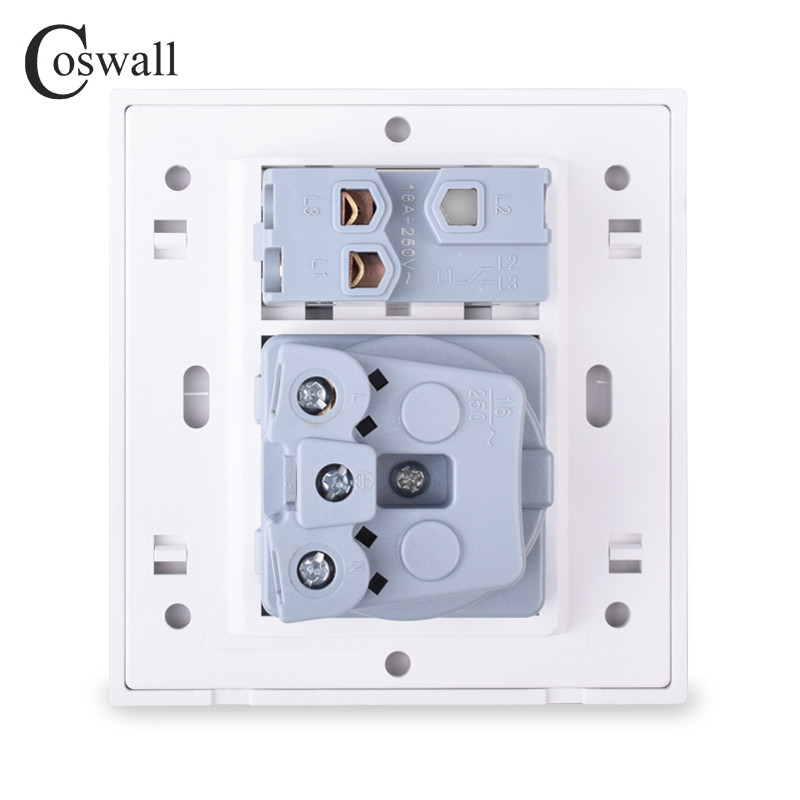 Coswall PC Panel franču poļu sienas kontaktligzda + 16A 1 Gang 1 Way On/Off Rocker Light Switch Balta Krāsa Modulārs 86*86mm