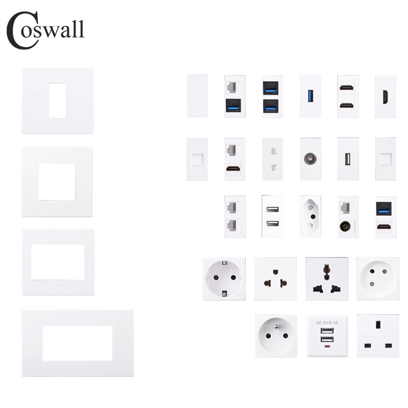 Coswall PC Panel franču poļu sienas kontaktligzda + 16A 1 Gang 1 Way On/Off Rocker Light Switch Balta Krāsa Modulārs 86*86mm