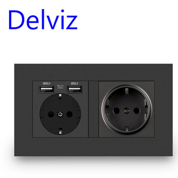 Delviz Dual Power Socket, Οικιακή έξοδος γκρι πάνελ, ενσωματωμένη δομή σκελετού από χάλυβα, μέγεθος 146*86mm, 16A Eu τυπική πρίζα τοίχου